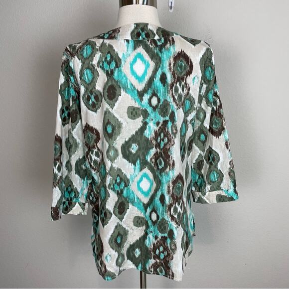 Chico's Green Ikat Print Embroidered Long Sleeve top 1 - Picture 4 of 7